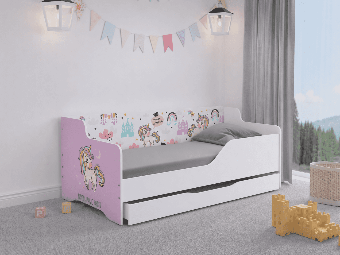 Łóżko dziecięce LILU 160x80 JEDNOROŻEC RÓŻOWY -komplet