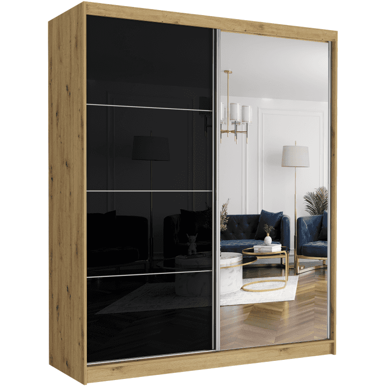 Szafa przesuwna Luna IV 183 cm artisan z lustrem 2-drzwi czarny półpołysk srebrne szprosy