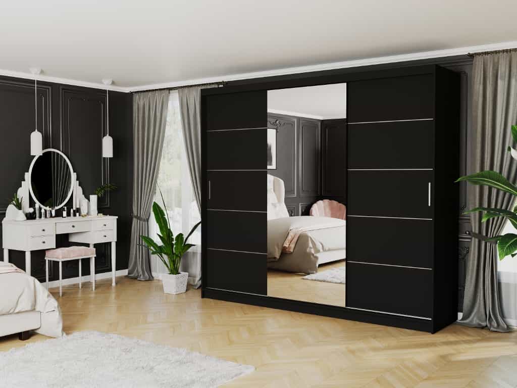 Szafa przesuwna Norvio I 250 cm czarna z lustrem 3-drzwi czarne srebrne szprosy