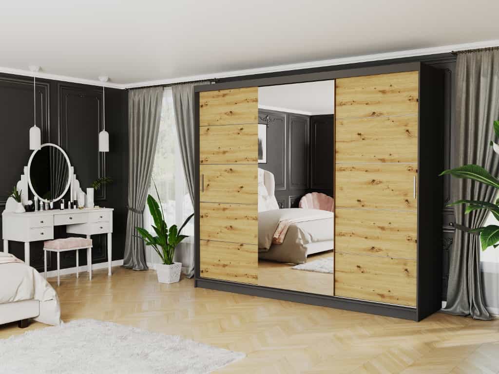 Szafa przesuwna Norvio I 250 cm antracyt z lustrem 3-drzwi artisan  srebrne szprosy