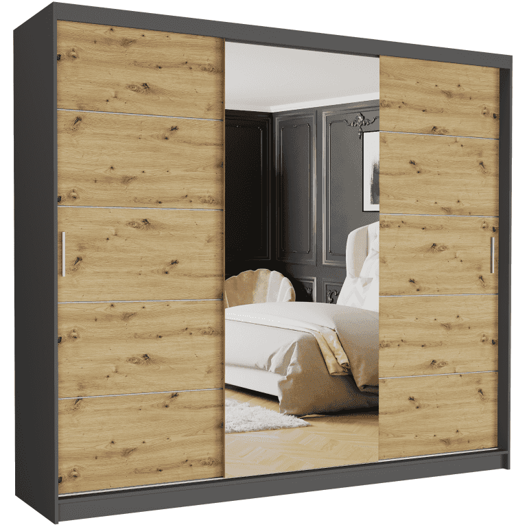 Szafa przesuwna Norvio I 250 cm antracyt z lustrem 3-drzwi artisan  srebrne szprosy