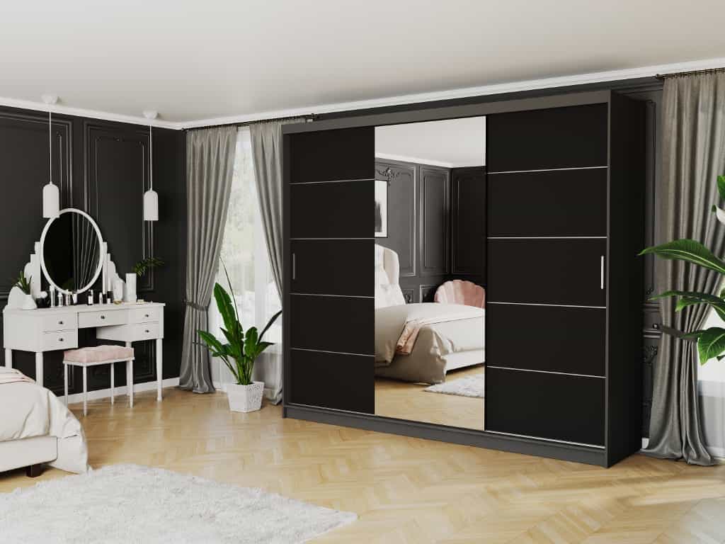 Szafa przesuwna Norvio I 250 cm antracyt z lustrem 3-drzwi czarne  srebrne szprosy
