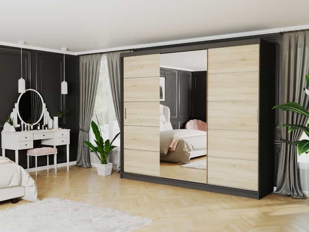 Szafa przesuwna Norvio I 250 cm antracyt z lustrem 3-drzwi sonoma srebrne szprosy