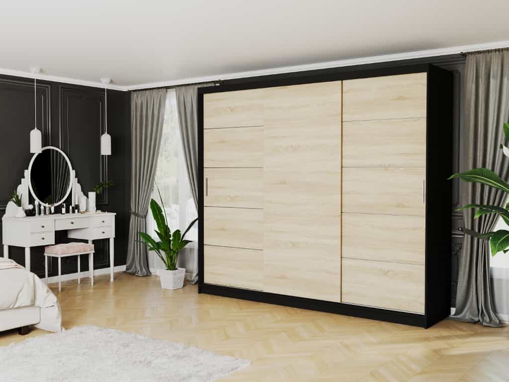 Szafa przesuwna Norvio III 250 cm czarna 3-drzwi sonoma srebrne szprosy