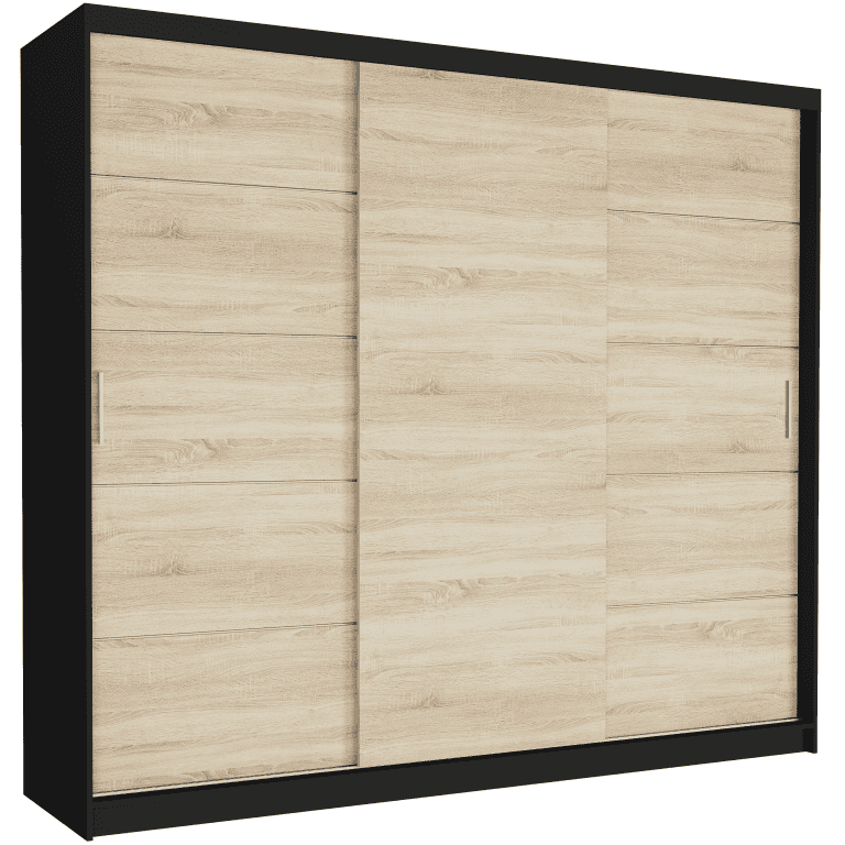 Szafa przesuwna Norvio III 250 cm czarna 3-drzwi sonoma srebrne szprosy