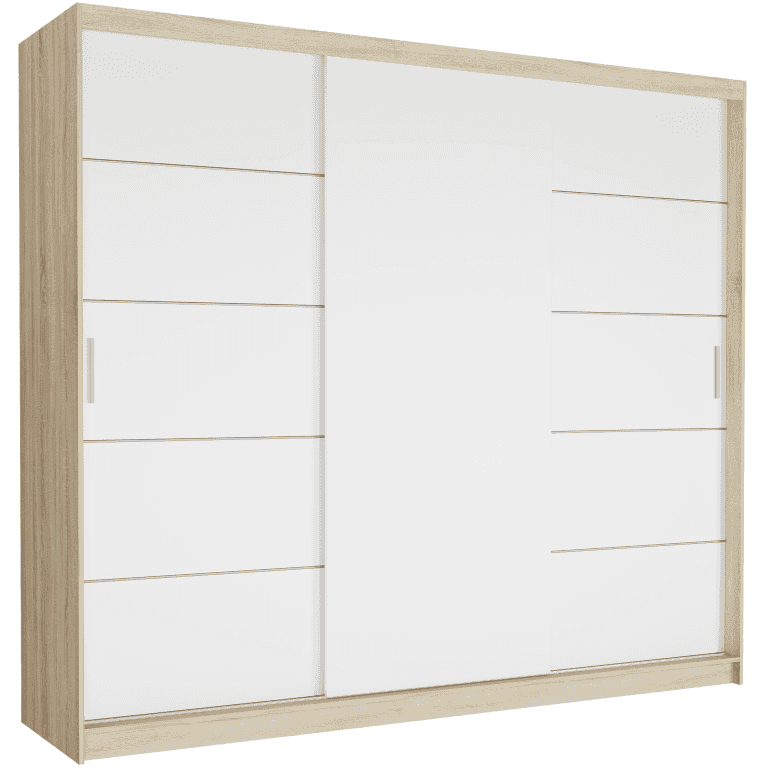Szafa przesuwna Norvio III 250 cm sonoma 3-drzwi białe  srebrne szprosy