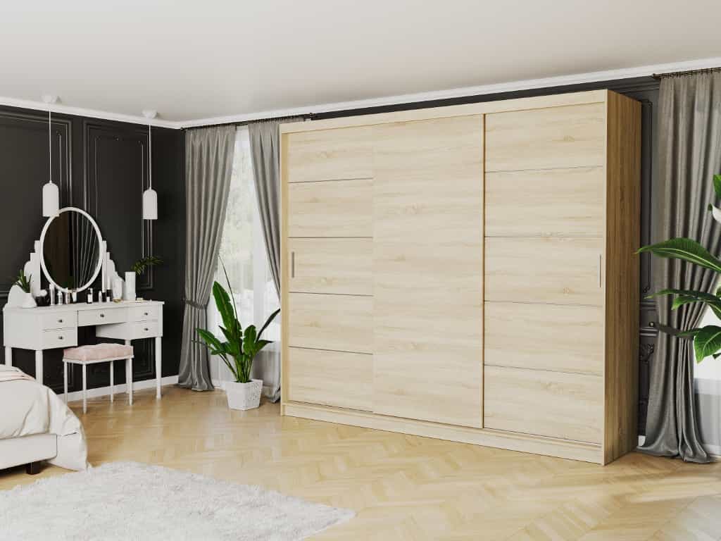Szafa przesuwna Norvio III 250 cm sonoma 3-drzwi sonoma srebrne szprosy