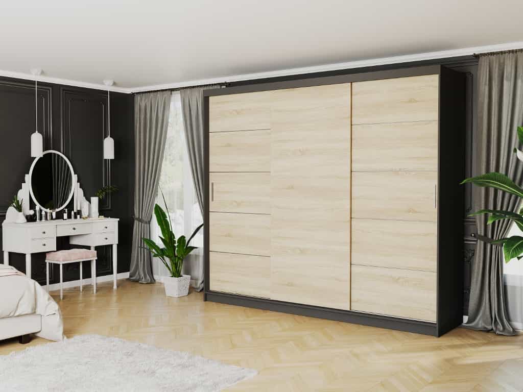 Szafa przesuwna Norvio III 250 cm antracyt z 3 drzwi sonoma srebrne szprosy