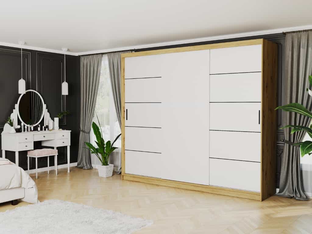 Szafa przesuwna Norvio IV 250 cm artisan 3-drzwi białe czarne szprosy