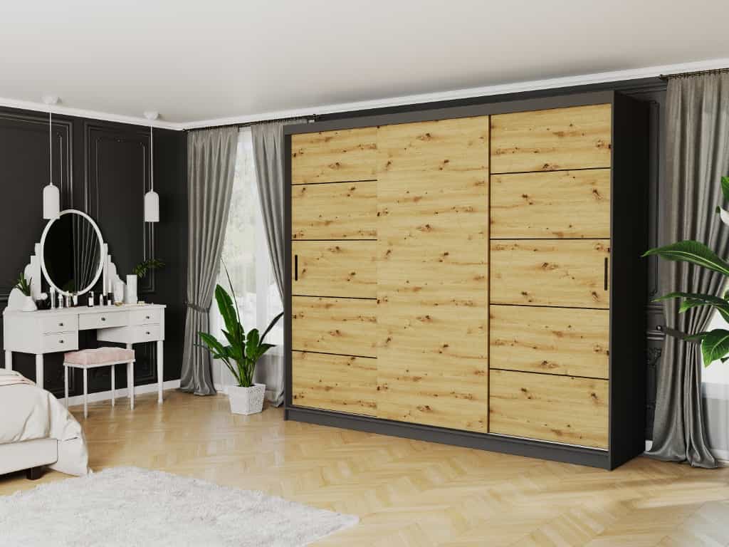 Szafa przesuwna antracyt mix dąb artisan 250 x 218 x 60 cm - Norvio IV