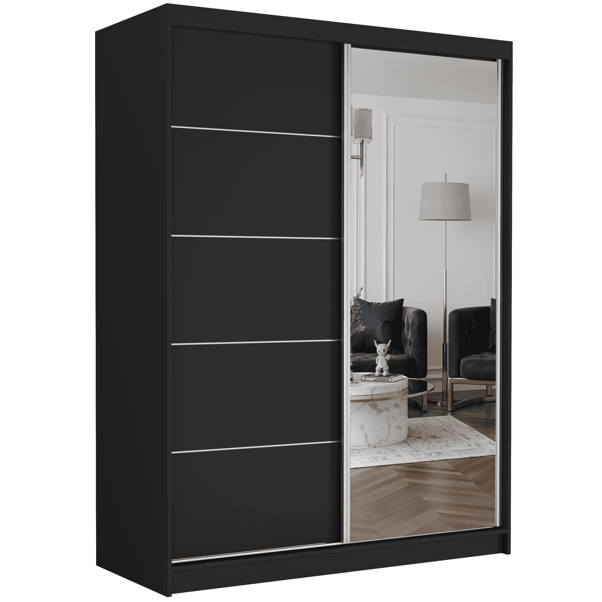 Szafa przesuwna Rivano I C 150cm czarna z lustrem 2-drzwi czarne srebrne szprosy