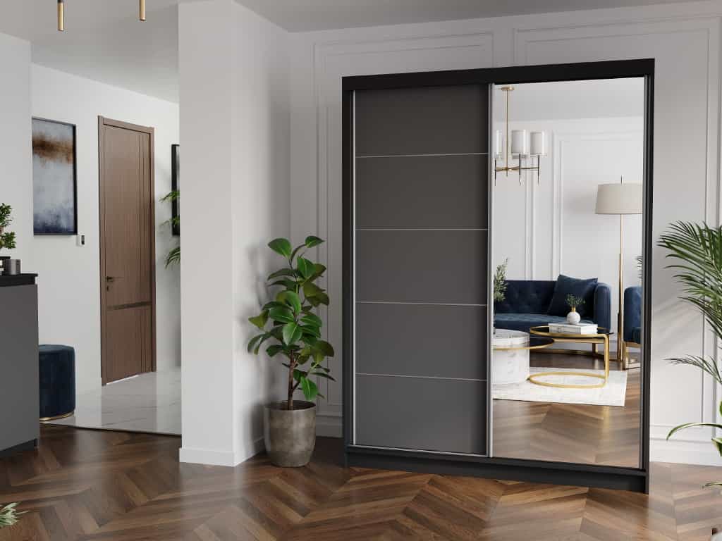 Szafa przesuwna Rivano I 150 cm czarna z lustrem 2-drzwi antracyt srebrne szprosy