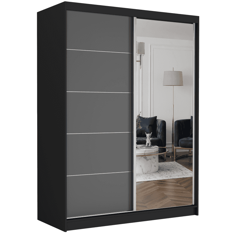 Szafa przesuwna Rivano I 150 cm czarna z lustrem 2-drzwi antracyt srebrne szprosy