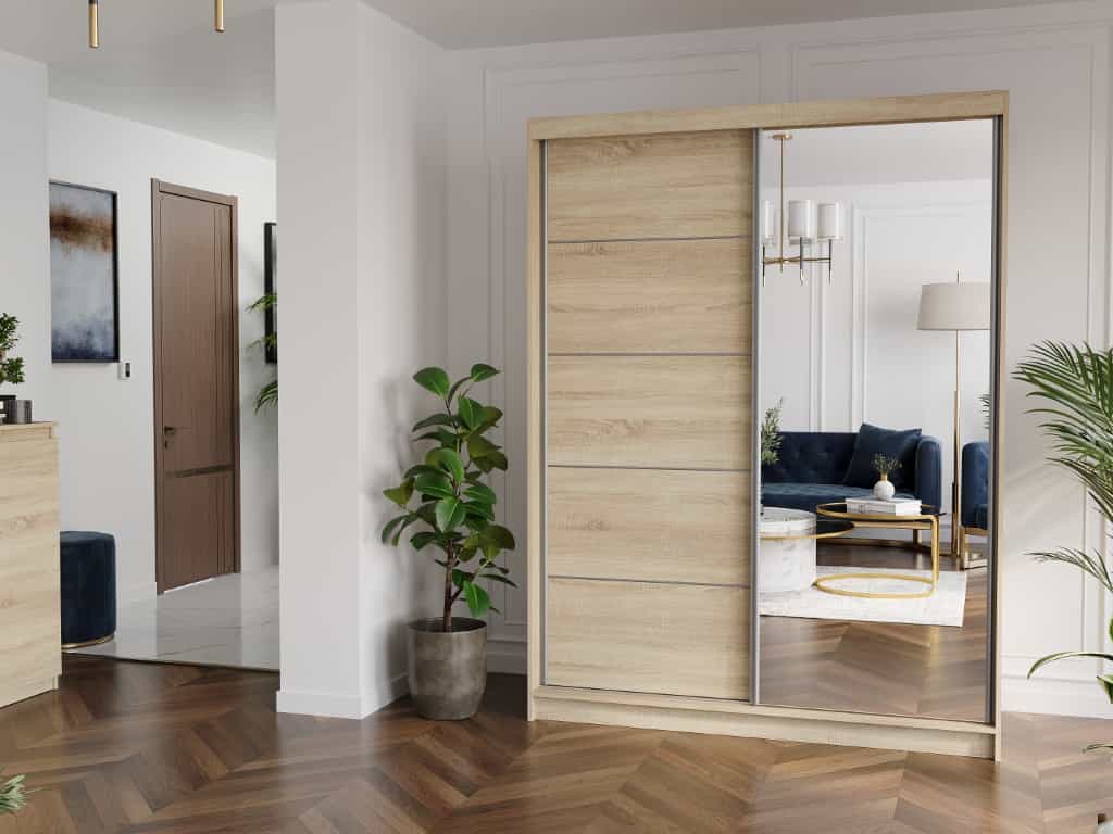 Szafa przesuwna Rivano I 150 cm sonoma z lustrem 2-drzwi sonoma srebrne szprosy