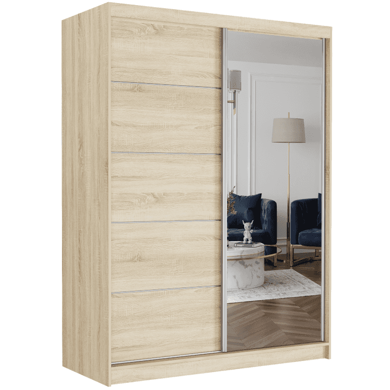 Szafa przesuwna Rivano I 150 cm sonoma z lustrem 2-drzwi sonoma srebrne szprosy