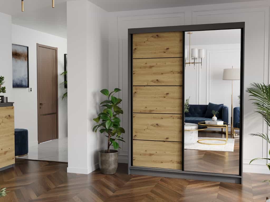 Szafa przesuwna Rivano IA 150 cm antracyt z lustrem 2-drzwi artisan czarne szprosy