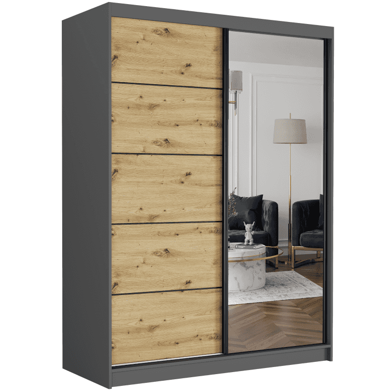 Szafa przesuwna Rivano IA 150 cm antracyt z lustrem 2-drzwi artisan czarne szprosy