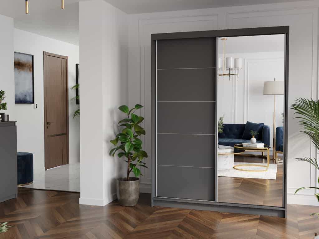 Szafa przesuwna Rivano I 150 cm antracyt z lustrem 2-drzwi antracyt srebrne szprosy