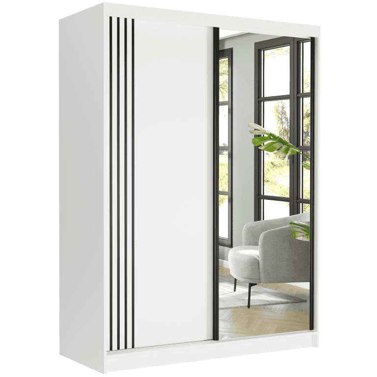Nowoczesna szafa przesuwna z lustrem 150 x 200 x 60 cm biała z lustrem - Rivano V