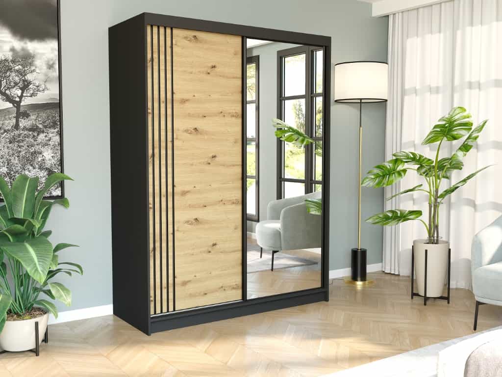 Szafa przesuwna czarna z lustrem 150 x 200 x 60 cm - RIVANO V