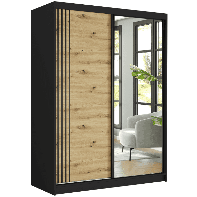 Szafa przesuwna czarna z lustrem 150 x 200 x 60 cm - RIVANO V