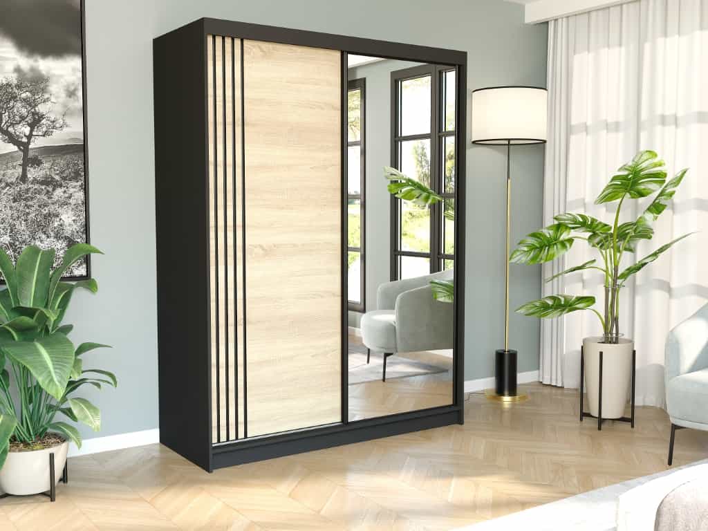 Szafa przesuwna Rivano V 150 cm czarna z lustrem 2-drzwi sonoma czarne szprosy