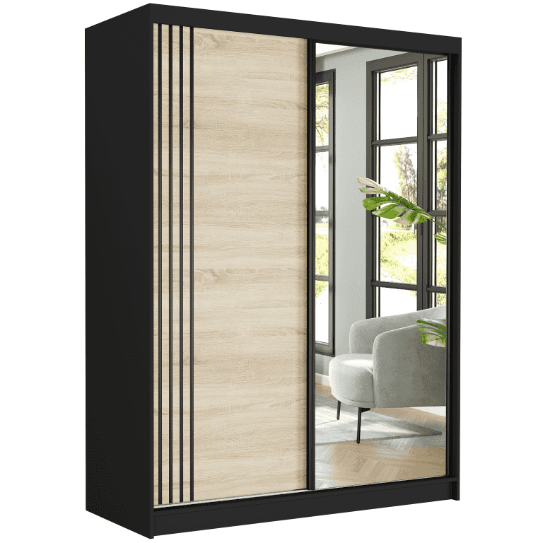 Szafa przesuwna Rivano V 150 cm czarna z lustrem 2-drzwi sonoma czarne szprosy