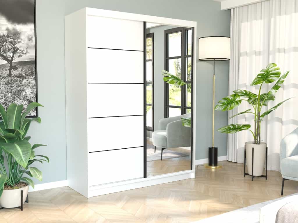 Szafa przesuwna biała z lustrem 150 x 200 x 60 cm - RIVANO VI
