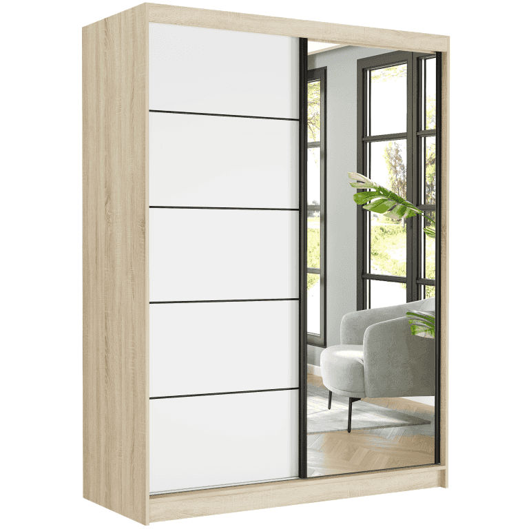 Szafa przesuwna Rivano VI 150 cm sonoma z lustrem 2-drzwi białe czarne szprosy
