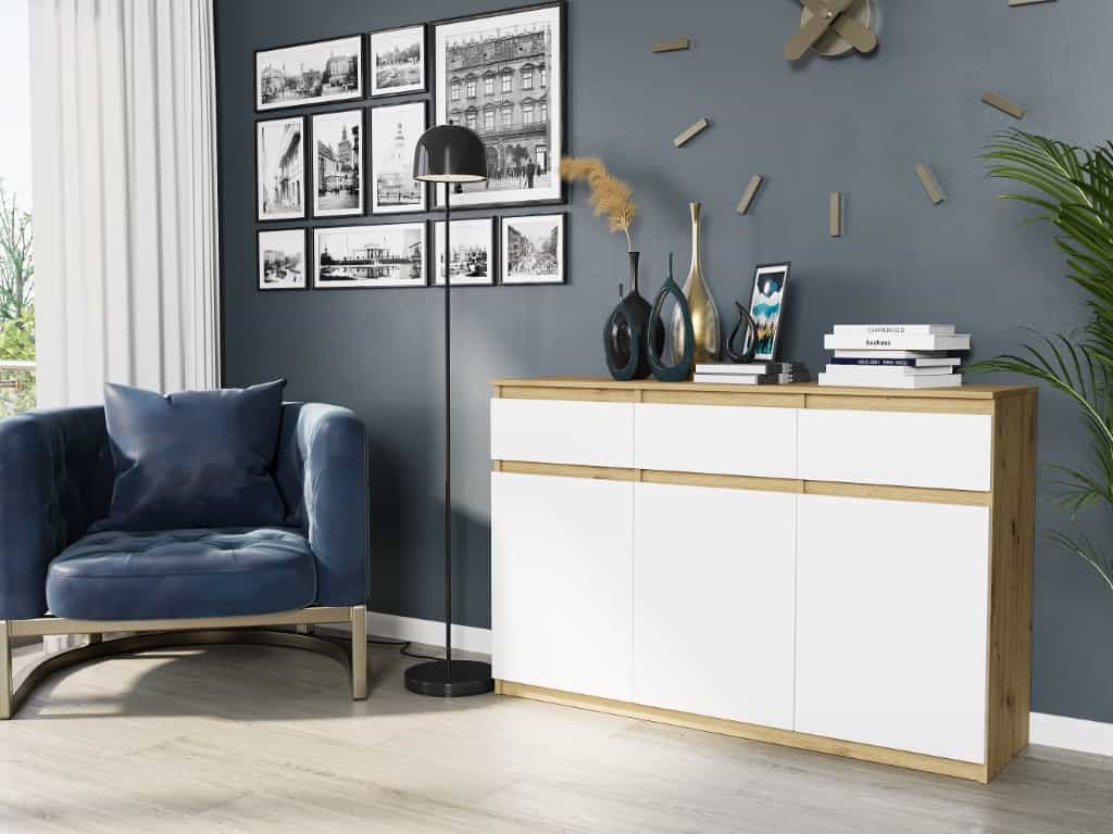 Komoda trzydrzwiowa z szufladami i szafkami, kolor artisan mix, wymiary 120 x 40 x 98 cm - Modern S3