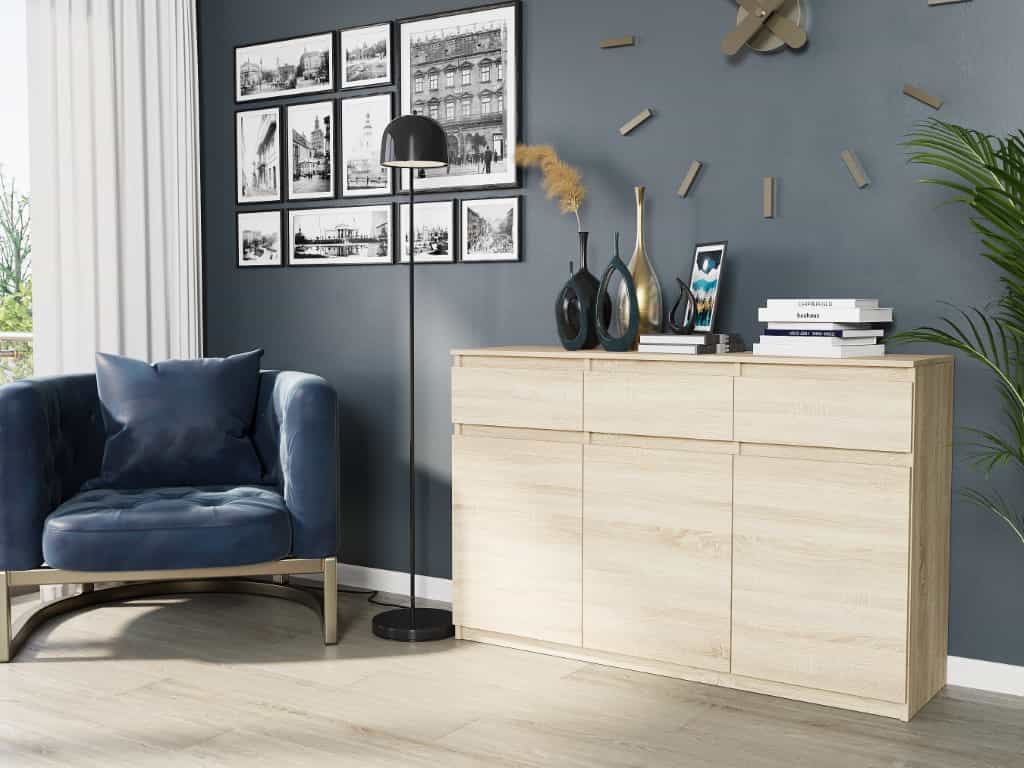 Komoda trzydrzwiowa z szufladami i szafkami Sonoma 120 x 40 x 98 cm Modern S3
