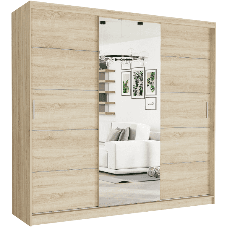 Szafa przesuwna Selvio I 233 cm sonoma z lustrem 3-drzwi sonoma srebrne szprosy
