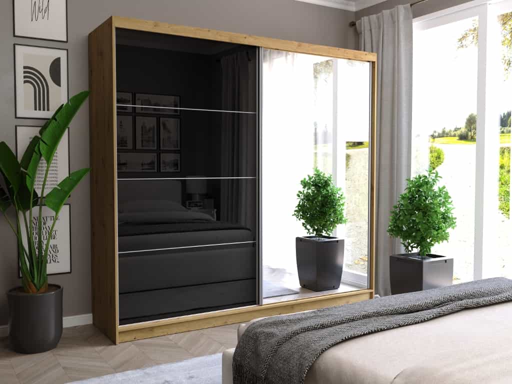 Szafa przesuwna Selvio III 233cm artisan z lustrem 2-drzwi czarny półpołysk srebrne szprosy