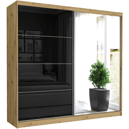 Szafa przesuwna Selvio III 233cm artisan z lustrem 2-drzwi czarny półpołysk srebrne szprosy