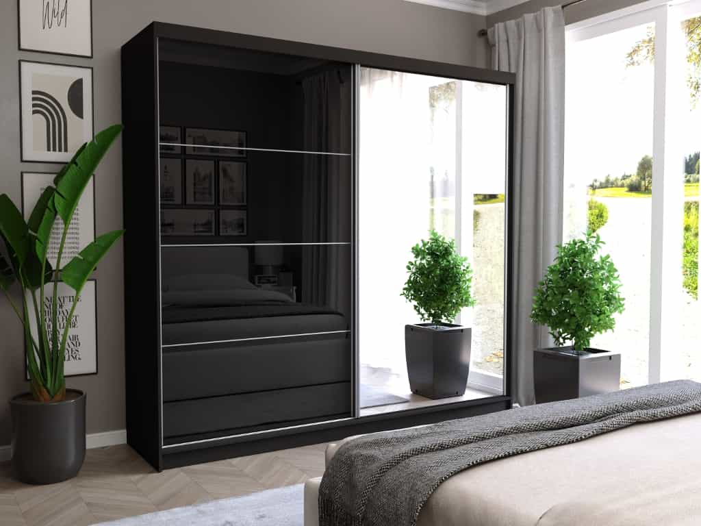 Szafa przesuwna Selvio III 233 cm czarna z lustrem 2-drzwi czarny półpołysk srebrne szprosy