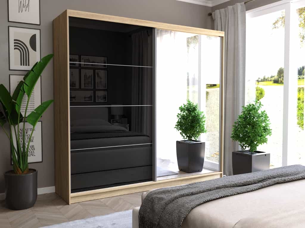 Szafa przesuwna Selvio III 233 cm sonoma z lustrem 2-drzwi czarny półpołysk srebrne szprosy