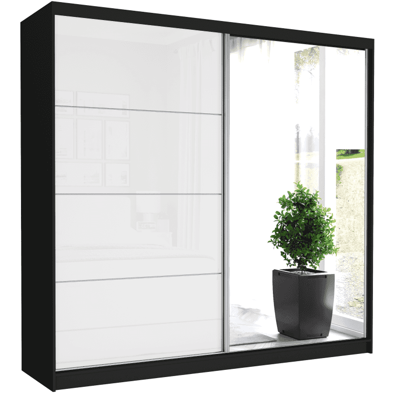 Szafa przesuwna Selvio IV 233 cm czarna z lustrem 2-drzwi biały półpołysk srebrne szprosy