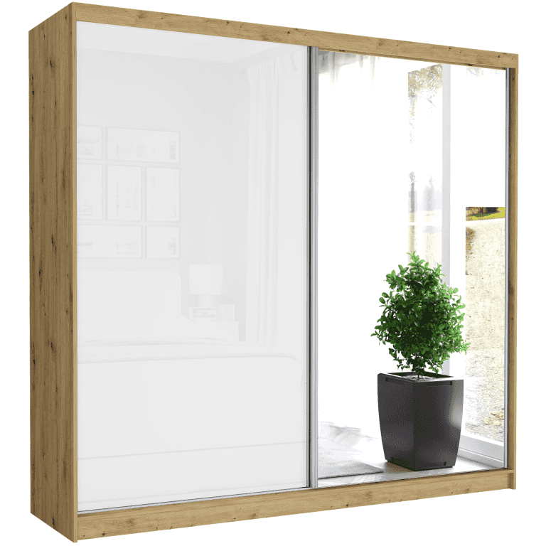 Szafa przesuwna Selvio V 233 cm artisan z lustrem 2-drzwi biały półpołysk