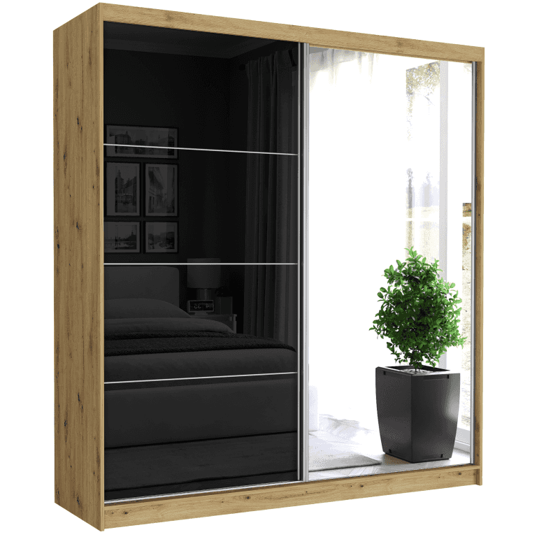 Szafa przesuwna Tivaro III 203 cm artisan z lustrem 2-drzwi czarne półpołysk srebrne szprosy