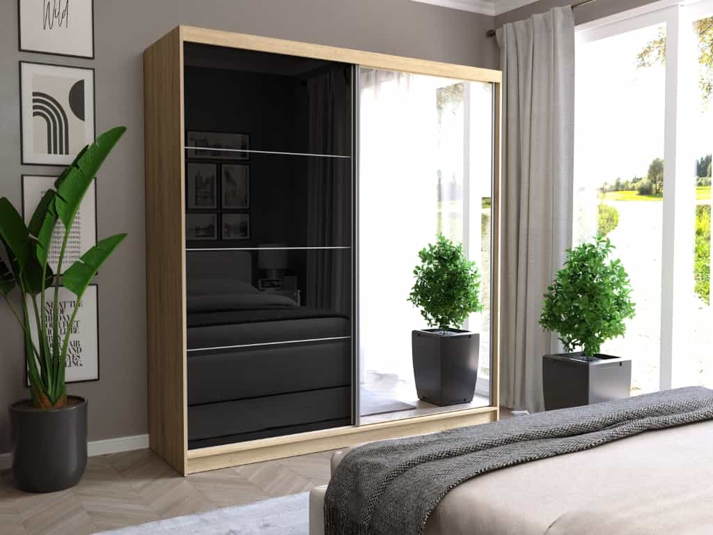 Szafa przesuwna Tivaro III 203 cm sonoma z lustrem 2-drzwi czarne półpołysk srebrne szprosy