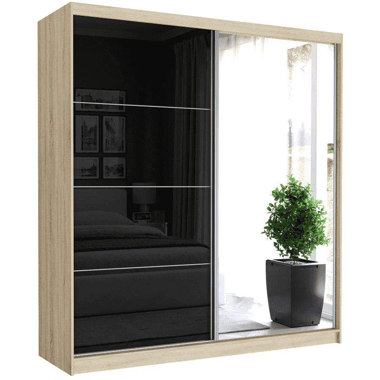 Szafa przesuwna Tivaro III 203 cm sonoma z lustrem 2-drzwi czarne półpołysk srebrne szprosy