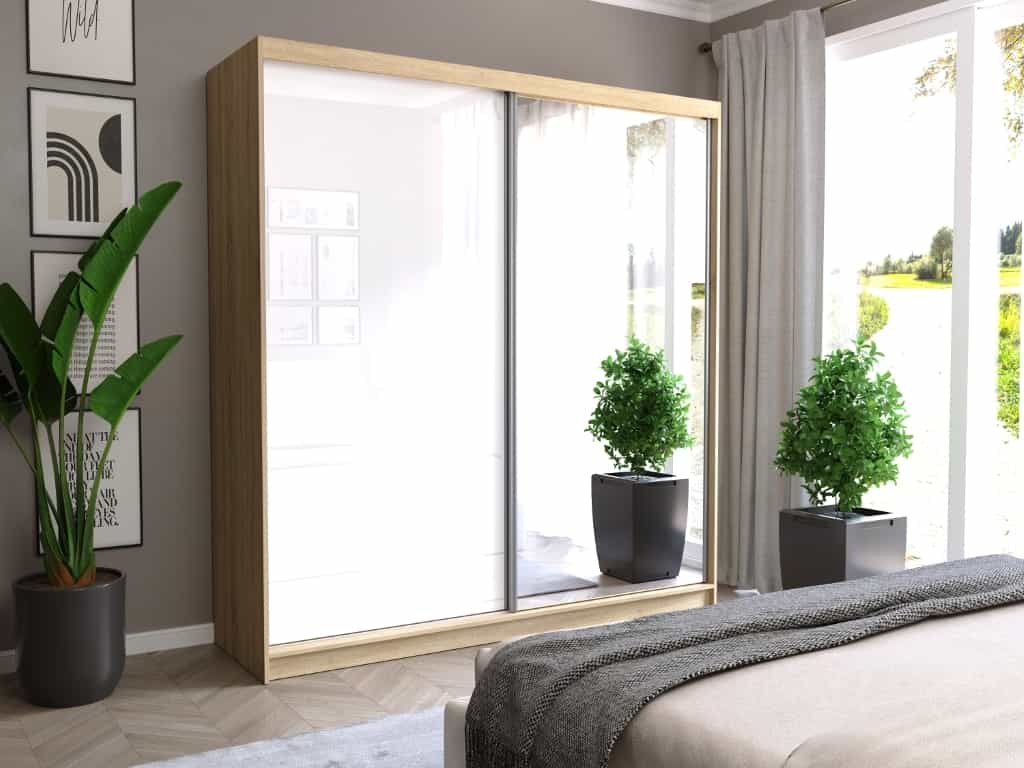 Szafa przesuwna Tivaro V 203 cm sonoma z lustrem 2-drzwi biały półpołysk