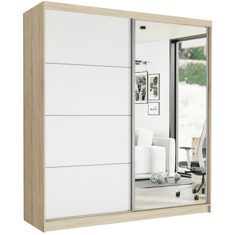 Szafa przesuwna Tivaro VII 203 cm sonoma z lustrem 2-drzwi białe srebrne szprosy
