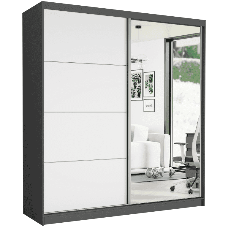 Szafa przesuwna Tivaro VII 203 cm antracyt z lustrem 2-drzwi białe srebrne szprosy