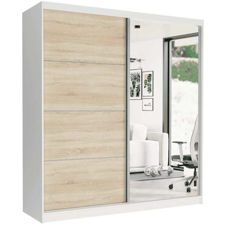 Szafa przesuwna Tivaro VIII 203 cm biała z lustrem 2-drzwi sonoma srebrne szprosy