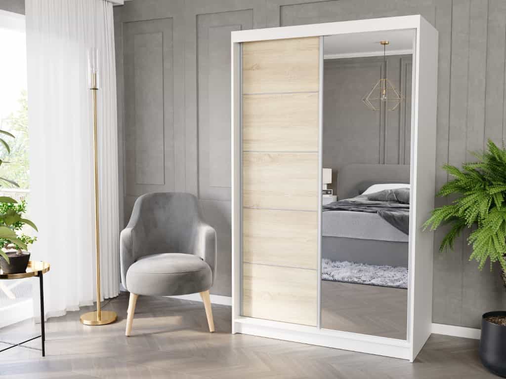 Szafa przesuwna Vega I 120 cm biała z lustrem 2-drzwi sonoma srebrne szprosy