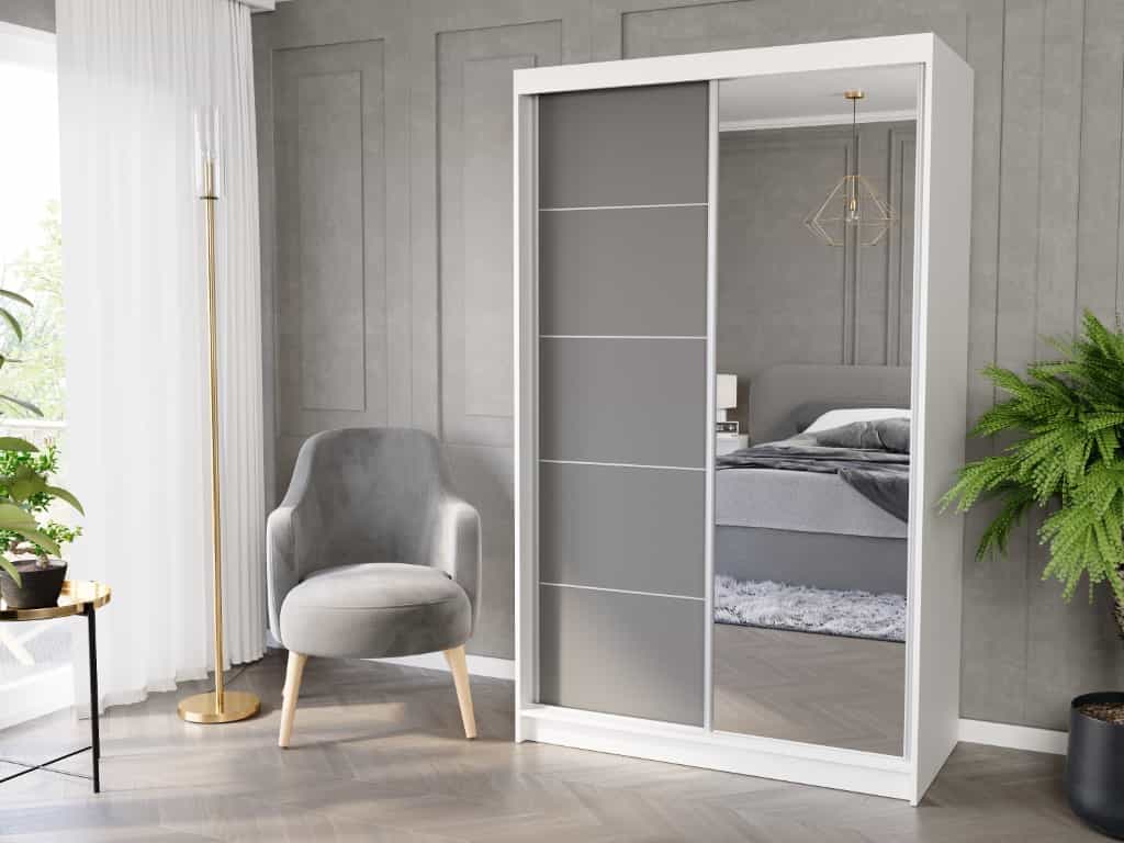 Szafa przesuwna Vega I 120 cm biała z lustrem 2-drzwi antracyt srebrne szprosy