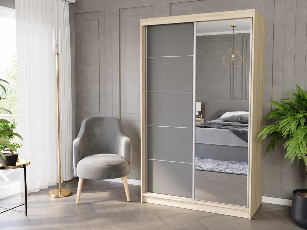 Szafa przesuwna Vega I 120 cm sonoma z lustrem 2-drzwi antracyt srebrne szprosy