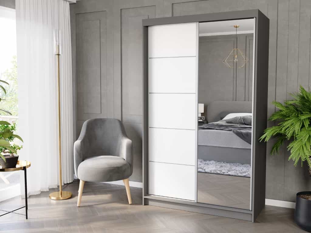 Szafa przesuwna Vega I 120 cm antracyt z lustrem 2-drzwi białe srebrne szprosy