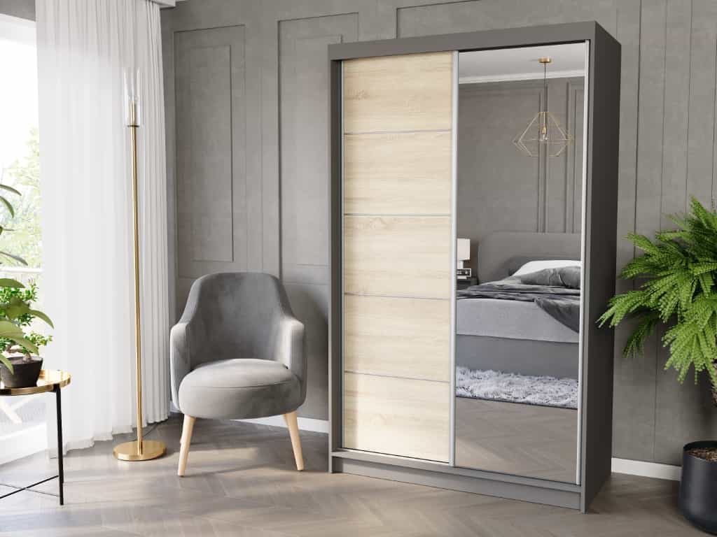 Szafa przesuwna Vega I 120 cm antracyt z lustrem 2-drzwi sonoma srebrne szprosy